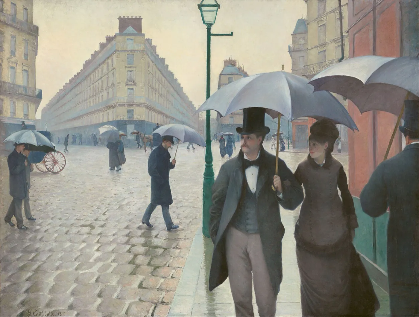 Gustave Caillebotte, Rue de Paris, temps de pluie, 1877 : un couple sous un parapluie, à un carrefour parisien mouillé.