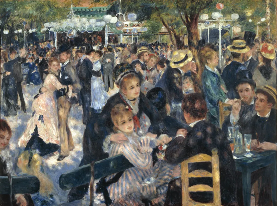 Auguste Renoir, Bal du moulin de la Galette, 1876 : un bal du dimanche, plein de monde, sous les arbres de Montmartre.
